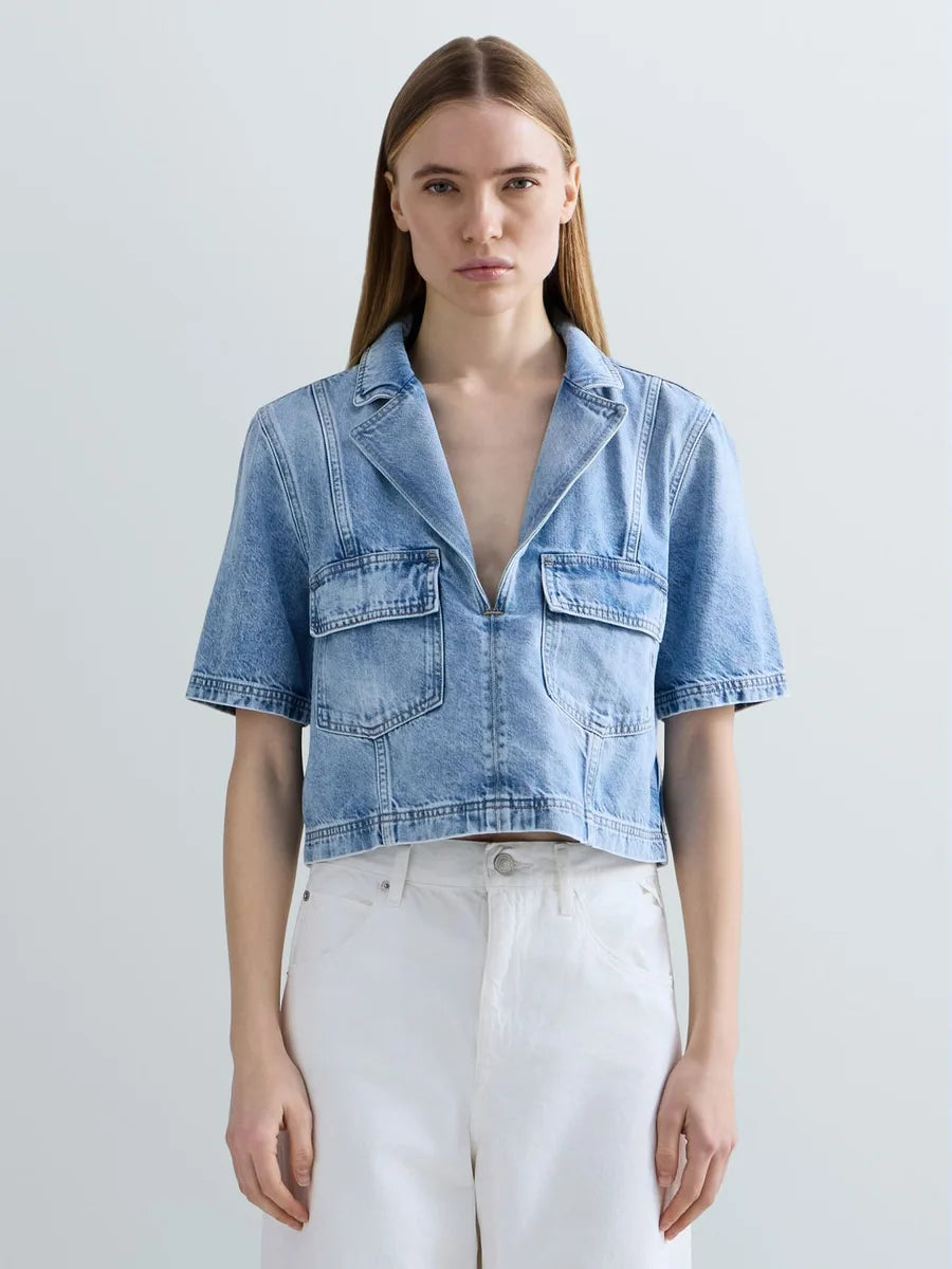 Camisa corta de denim efecto usado